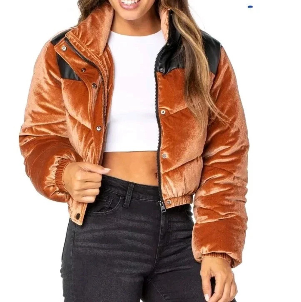NWT Celebrity Pink Velvet Cropped Puffer Jacket Bronze Black Womens Small